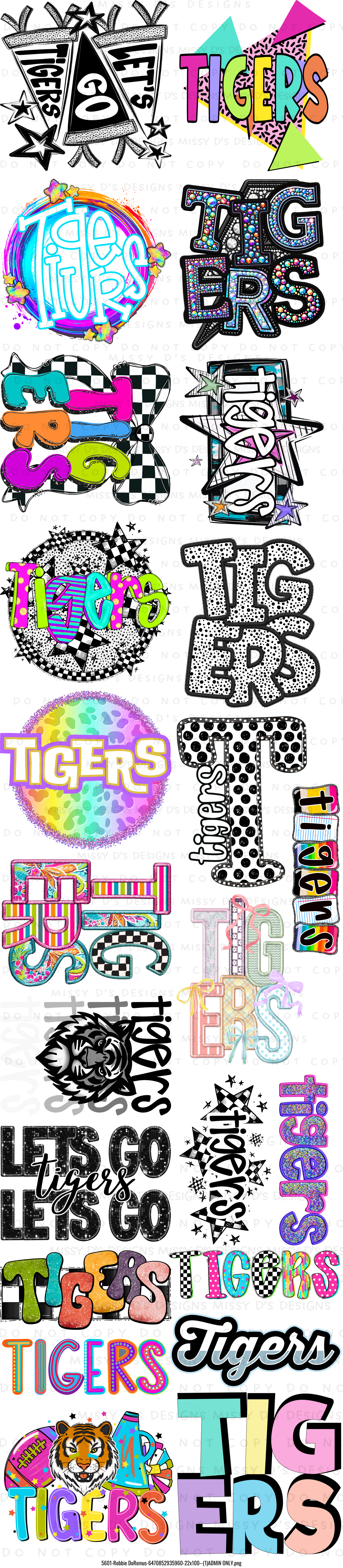 22 x 100 inch Colorful Tigers Mascot #2 Pre-made Gang Sheet