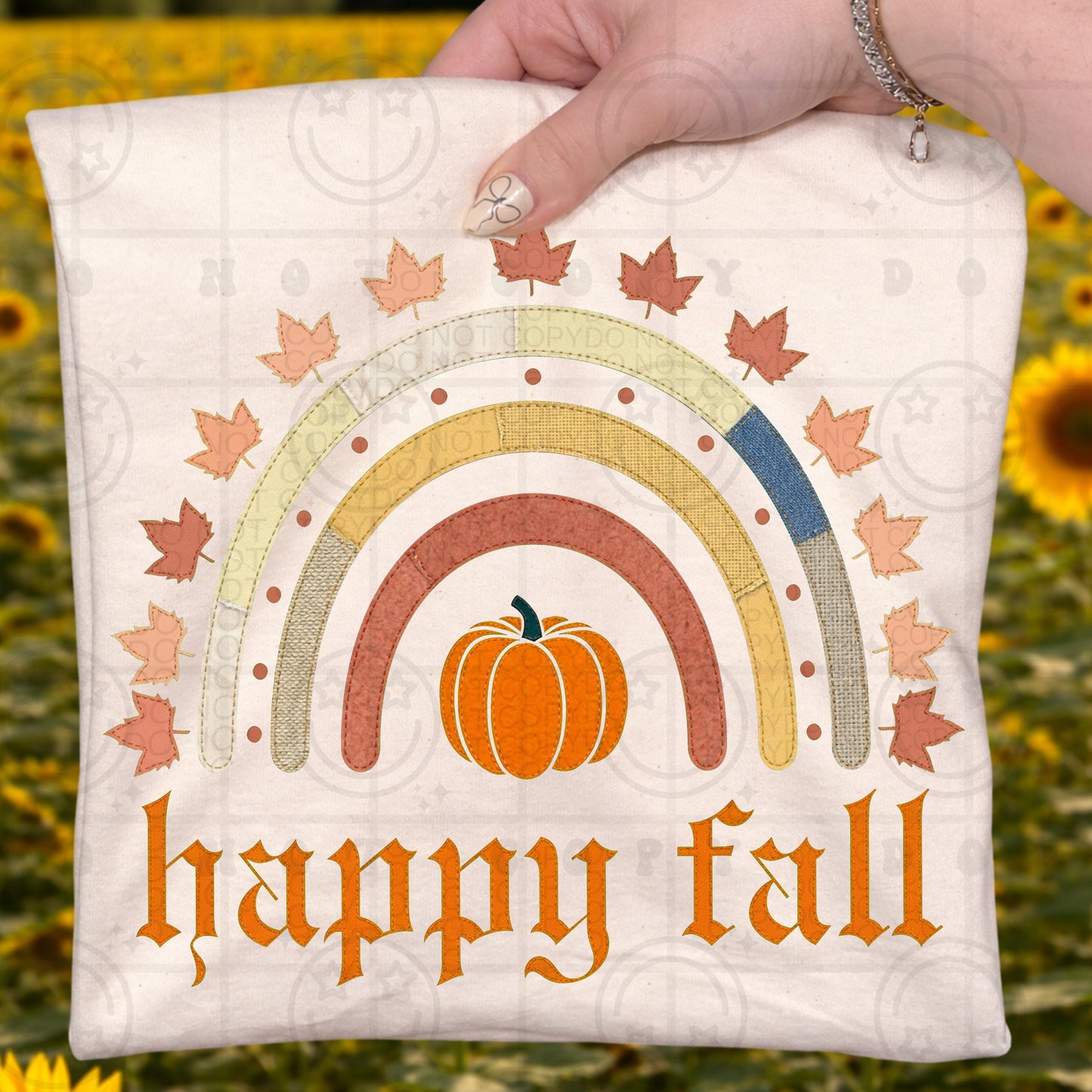 Happy Fall Rainbow Faux Embroidery Crewneck Sweatshirt