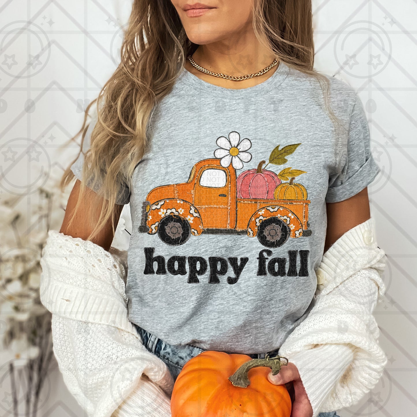 Happy Fall Faux Embroidery Truck Crewneck Sweatshirt