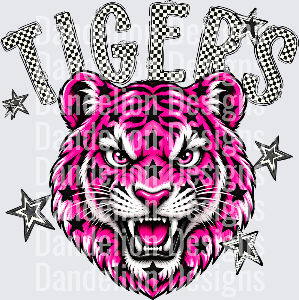 Hot Pink Star Tiger Face Roaring Checkered Tigers Text