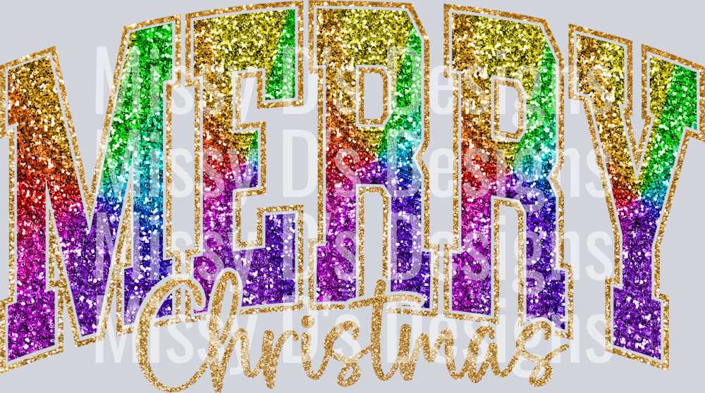 Merry Christmas Rainbow Gold Faux Glitter 300dpi