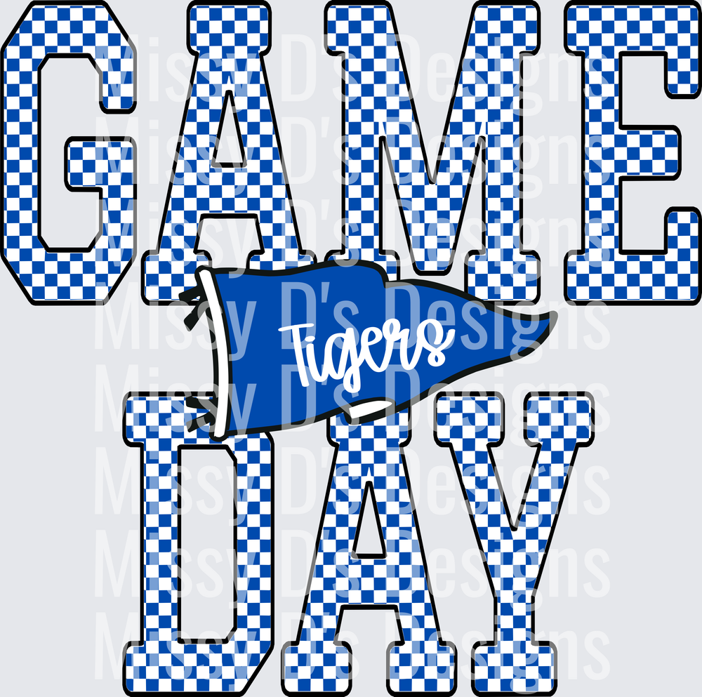 Game Day Tigers Blue White Checkered Pennant Flag Letters