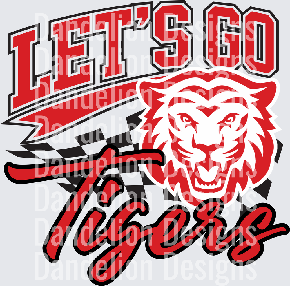 Let's Go Tigers Roaring Lion Head Checkered Flag Spirit