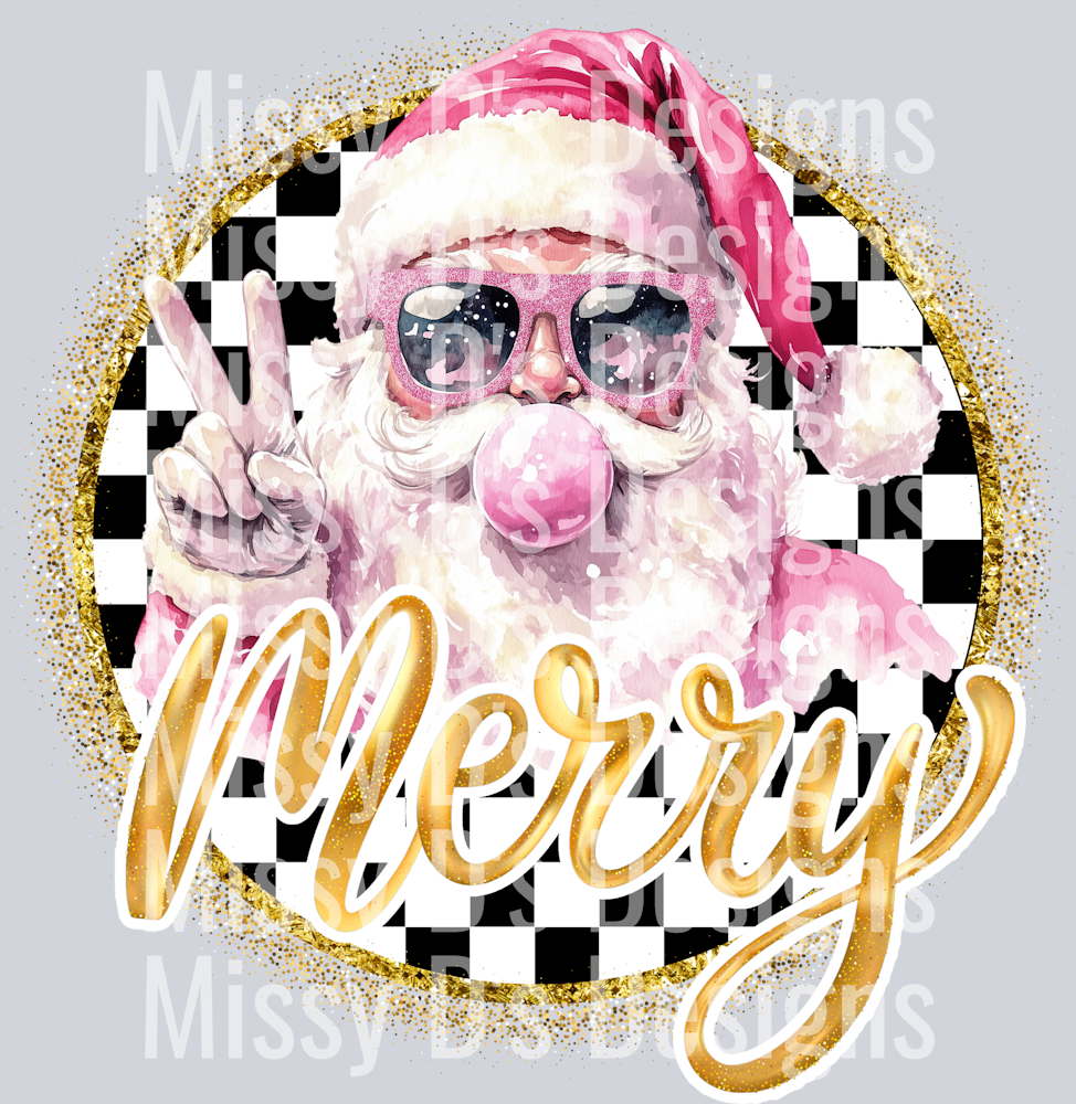 Pink Santa Gold Merry Checkered Circle