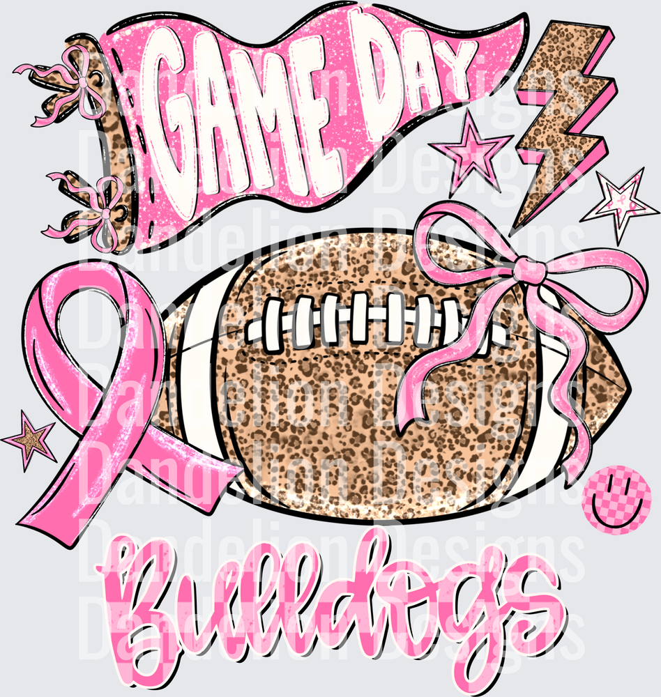 Game Day Bulldogs Pink Ribbon Leopard Football Bow Design