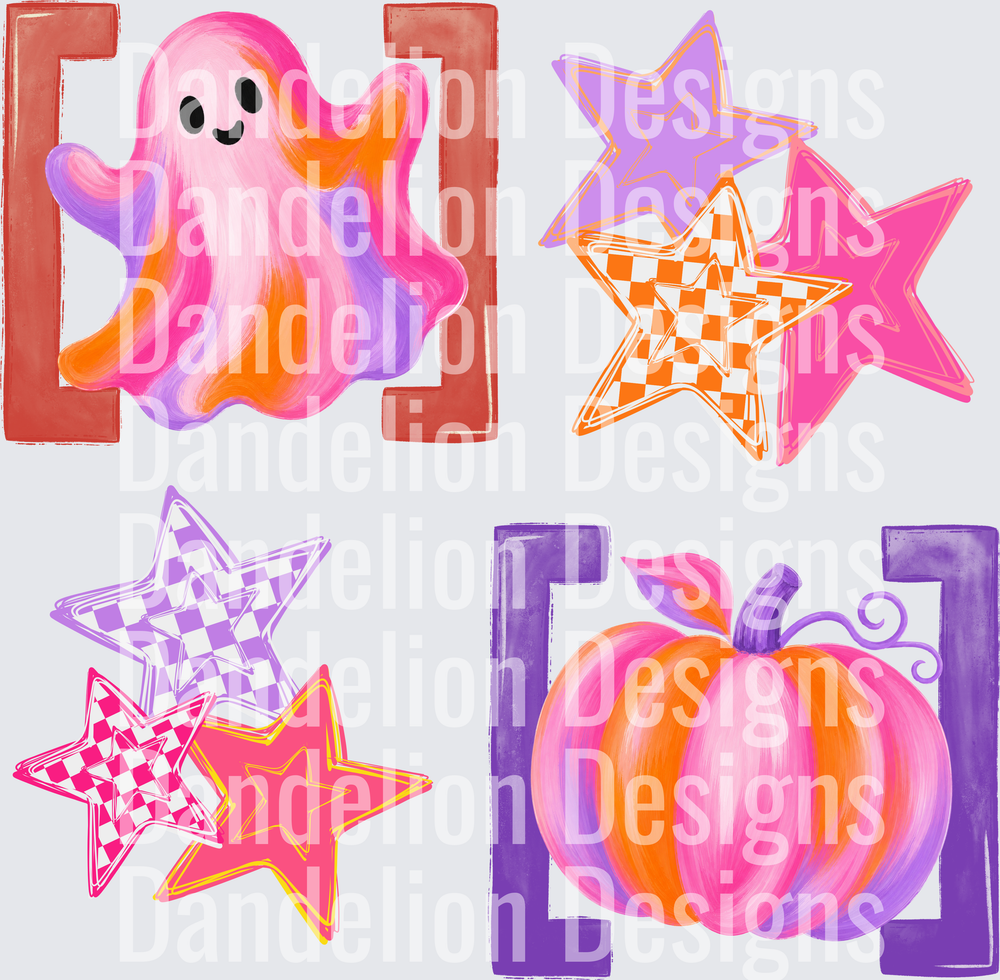 Retro Pink Halloween Ghost Pumpkin Checkered Stars Bundle