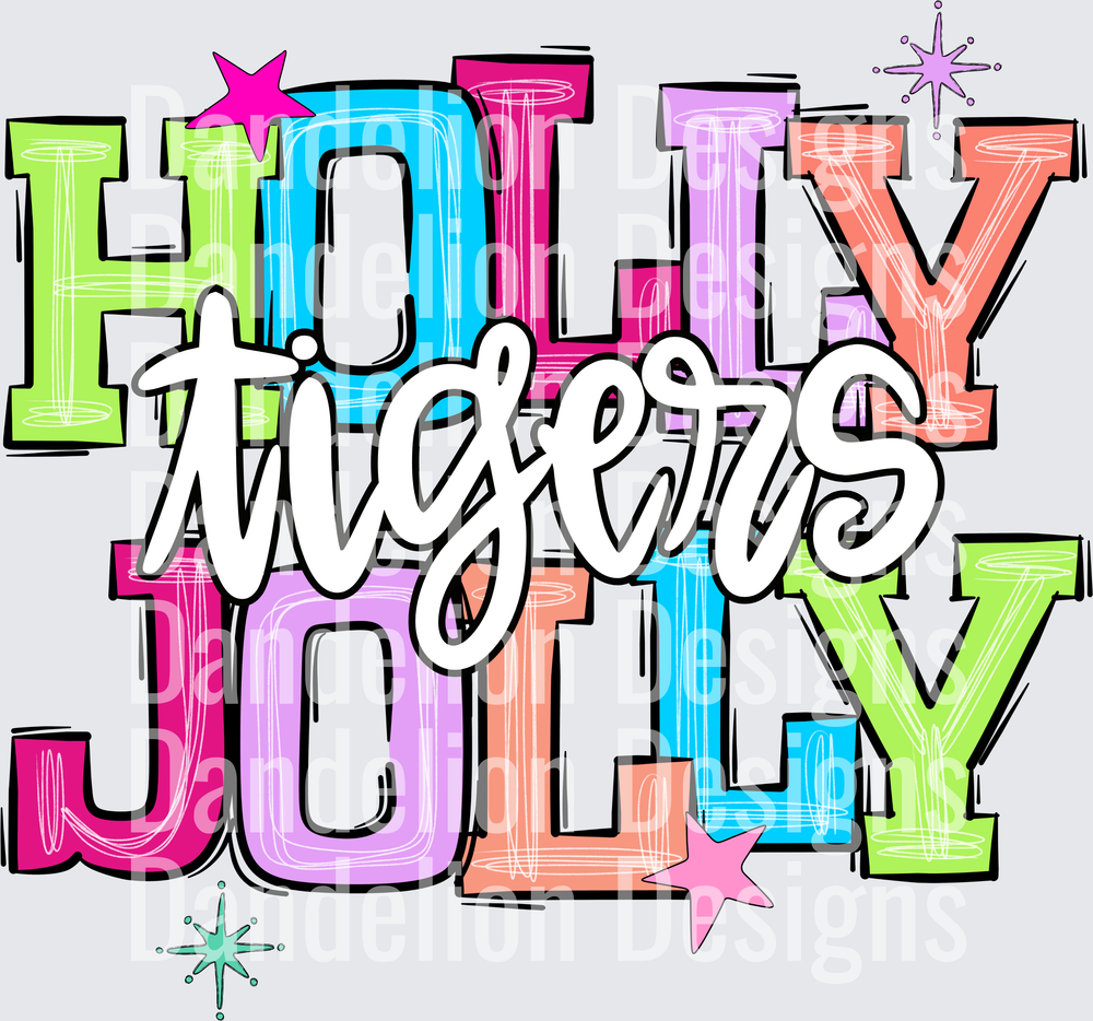 Holly Jolly Tigers Colorful Stacked Letter Design
