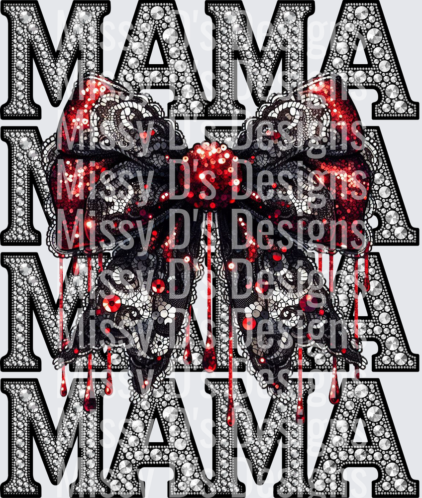 Rhinestone MAMA Stacked Letters Gothic Red Lace Dripping Bow