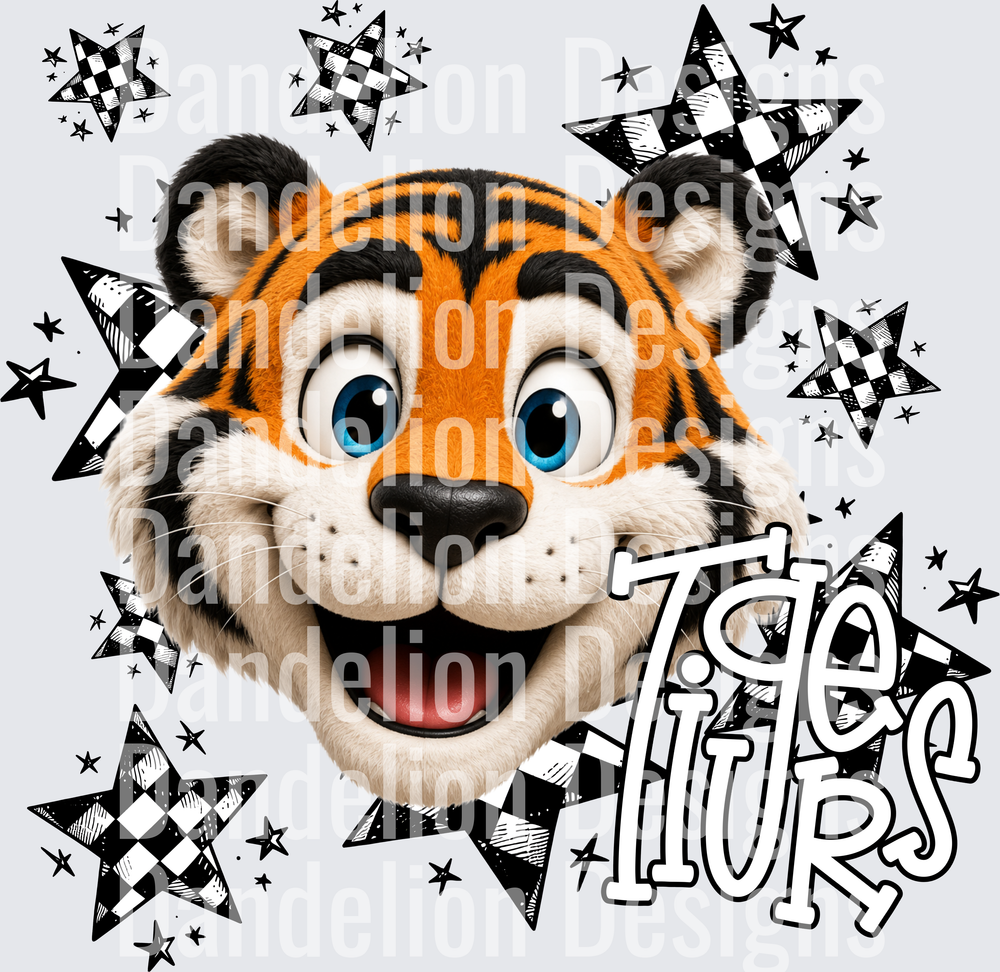 Cute Cartoon Tiger Face Tigers Text Checkered Stars