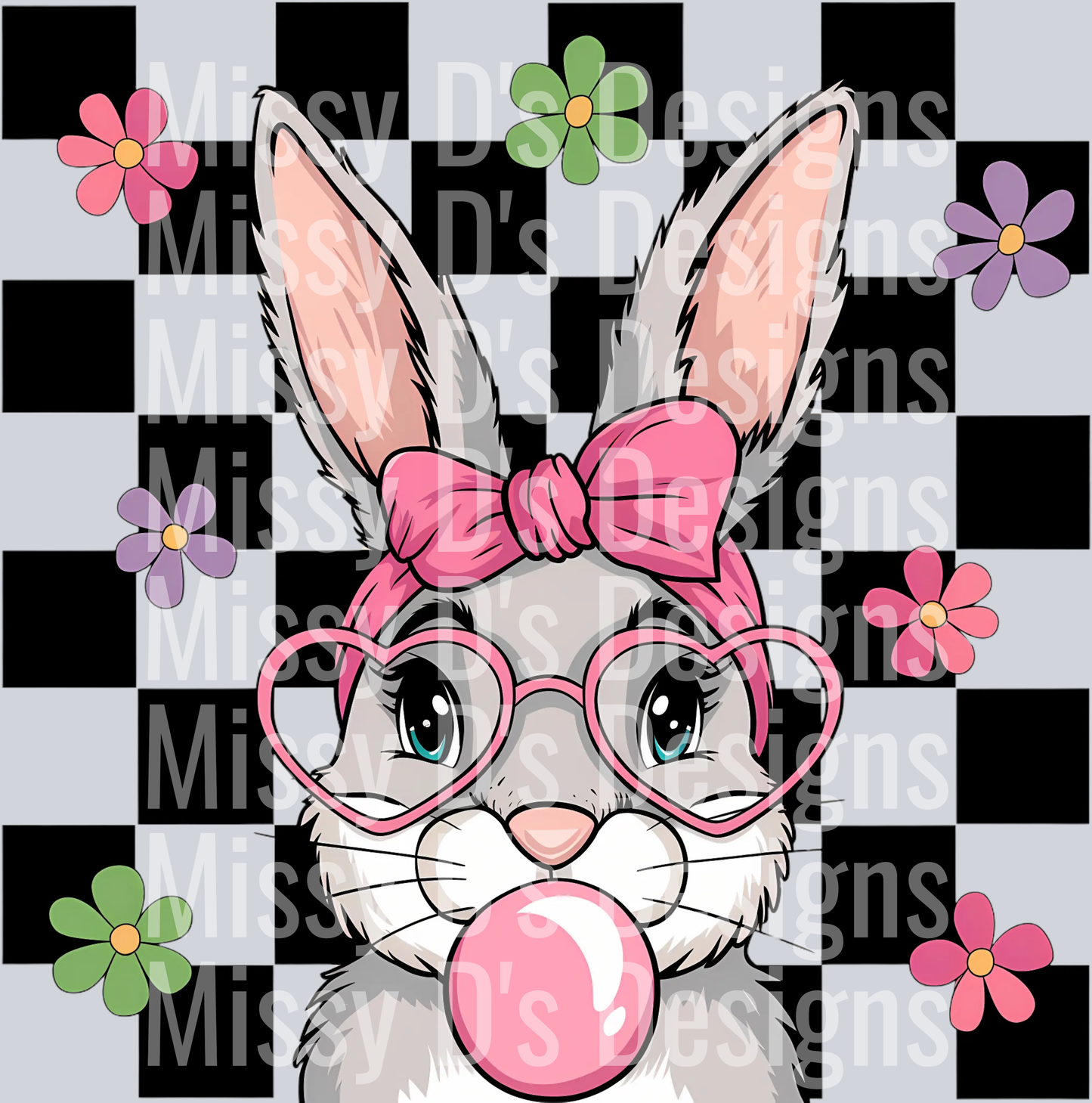 Bunny Blowing Bubble Gum PNG, Checkered
