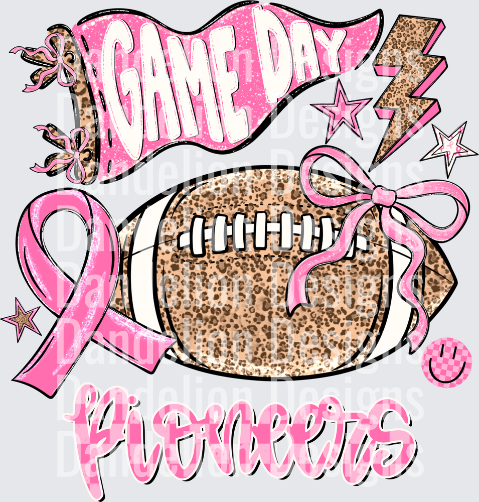Game Day Pioneers Pink Leopard Football Breast Cancer Ribbon