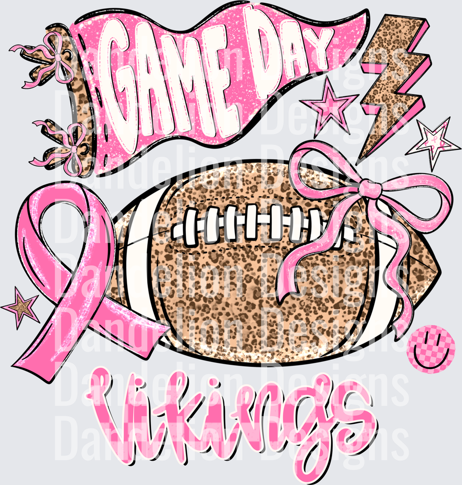 Game Day Vikings Pink Leopard Football Breast Cancer Ribbon