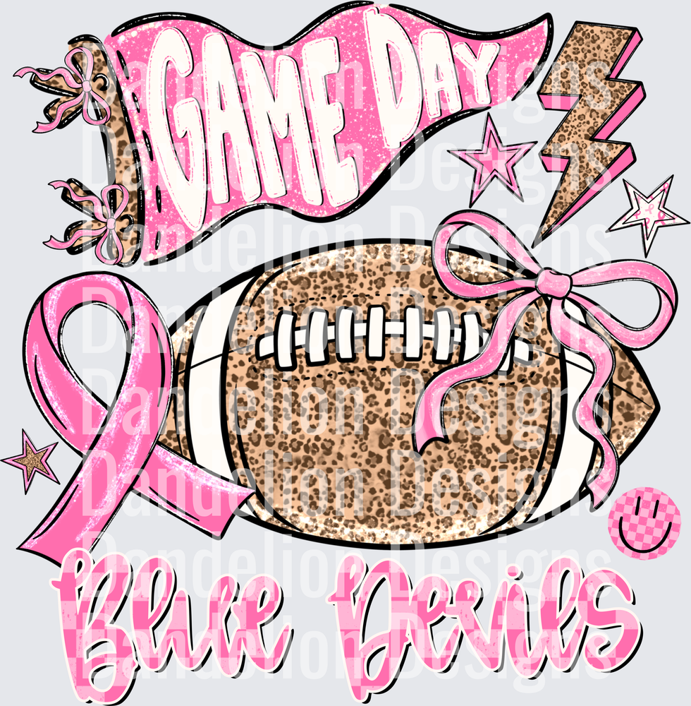 Game Day Blue Devils Pink Leopard Football Breast Cancer Ribbon