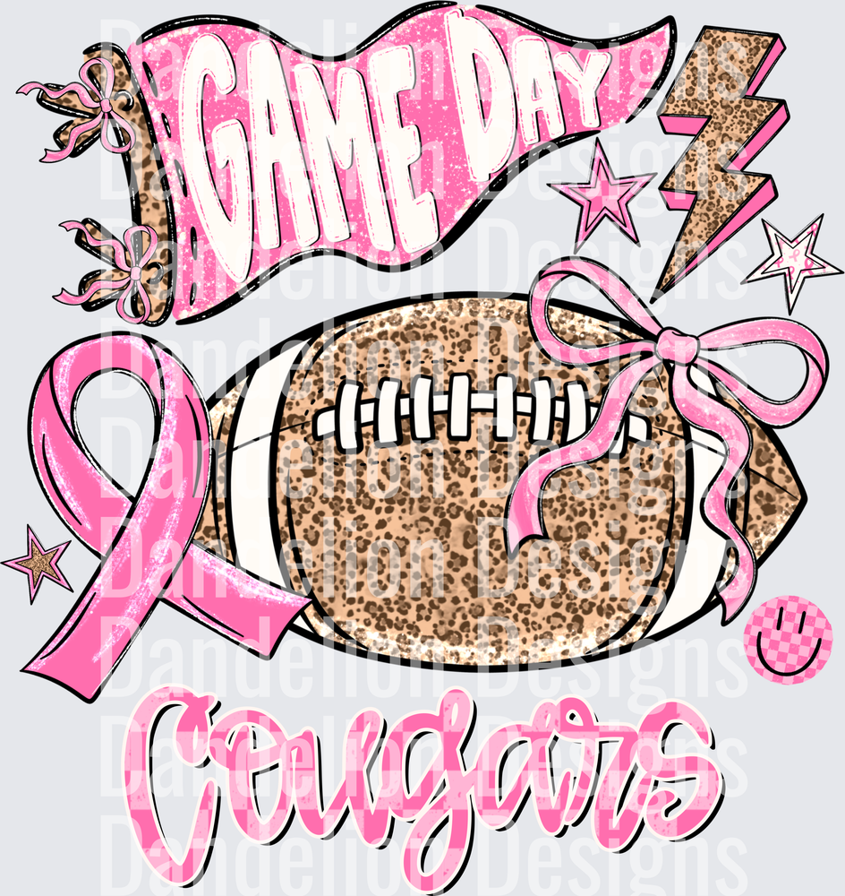 Game Day Cougars Pink Leopard Football Breast Cancer Ribbon