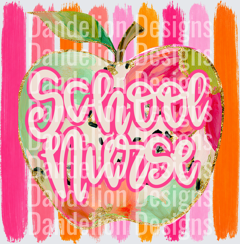 School Nurse Gold Glitter Apple Pink Orange Brush Strokes