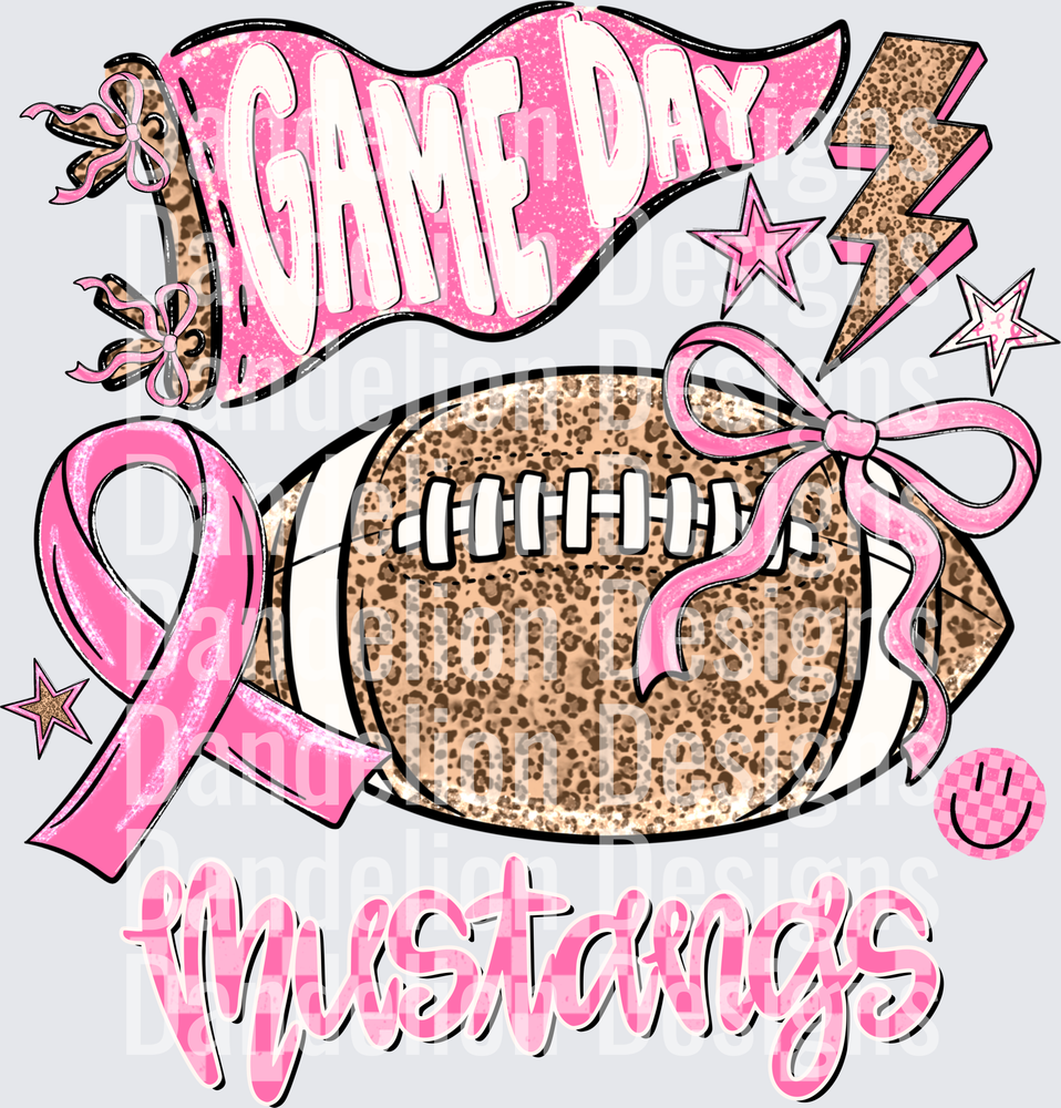 Game Day Mustangs Pink Leopard Football Breast Cancer Ribbon