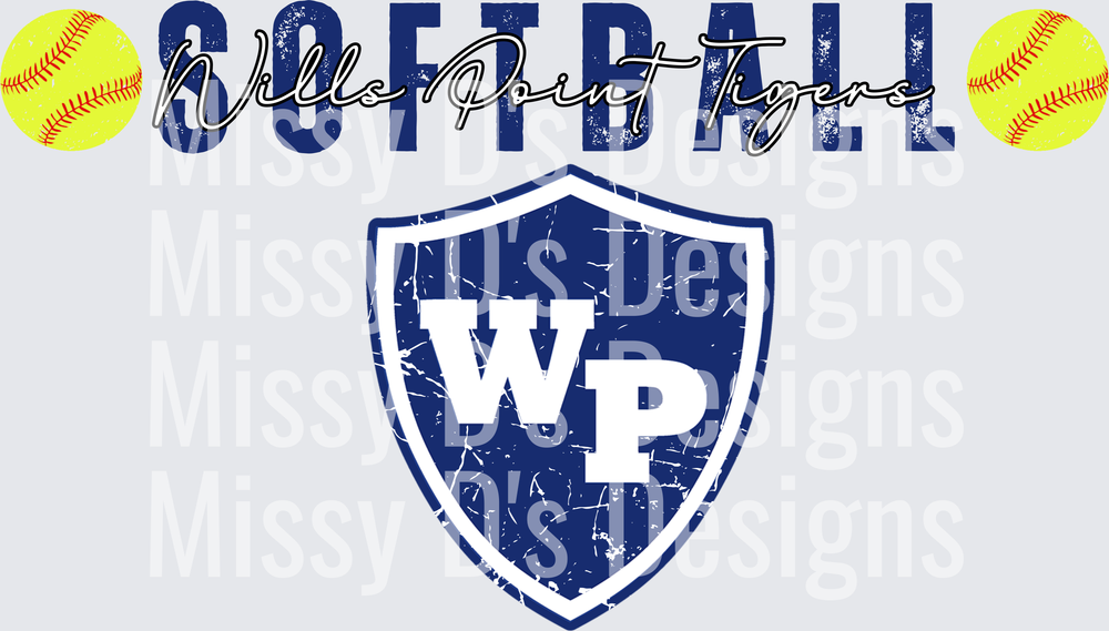 Wills Point Tigers Softball WP Shield Distressed Design