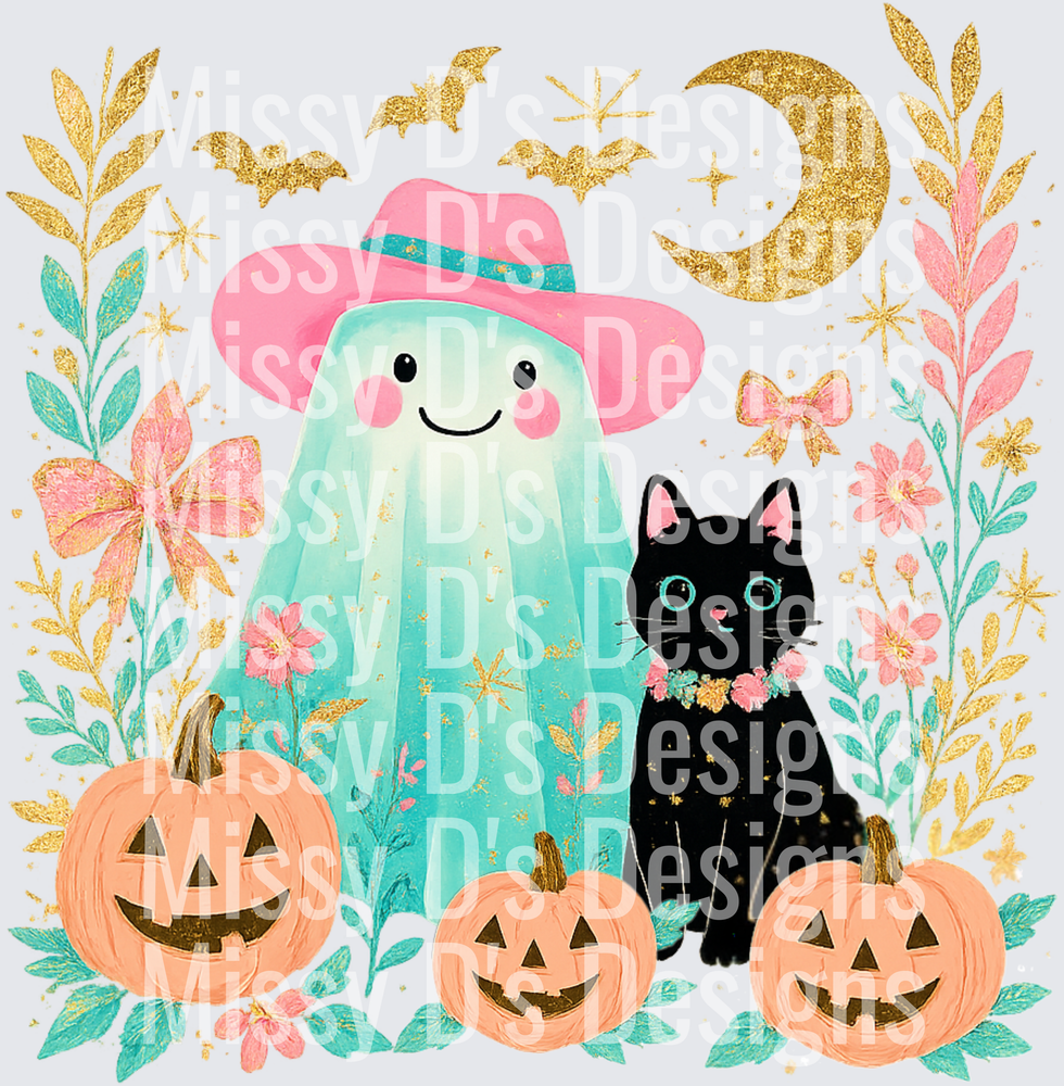 Cute Teal Ghost Pink Witch Hat Black Cat Jack-o-Lanterns