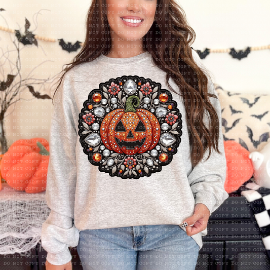 Pumpkin faux embroidery crystals Halloween SHIRT 1087