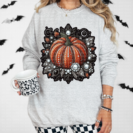 Pumpkin faux embroidery 2 crystals Halloween SHIRT 1088