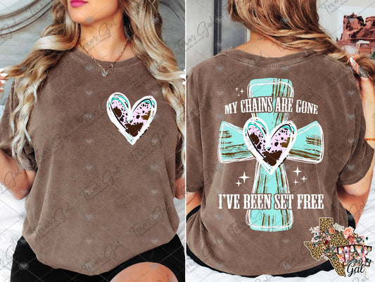 My chains are gone I've been set free cross White Outline SHIRT