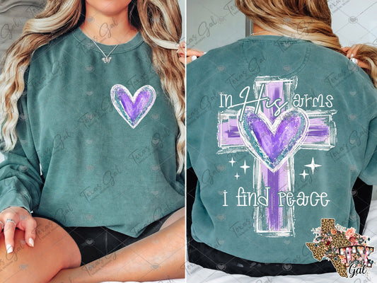 In His Arms, I Find Peace Purple Cross White Outline SHIRT