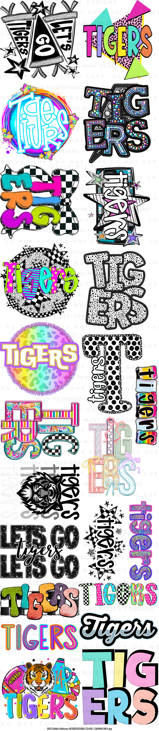 22 x 100 inch Colorful Tigers Mascot  #2 Pre-made Gang Sheet