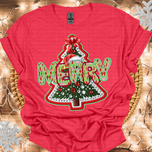 Merry Christmas Watercolor Christmas Tree Faux Embroidery SHIRT