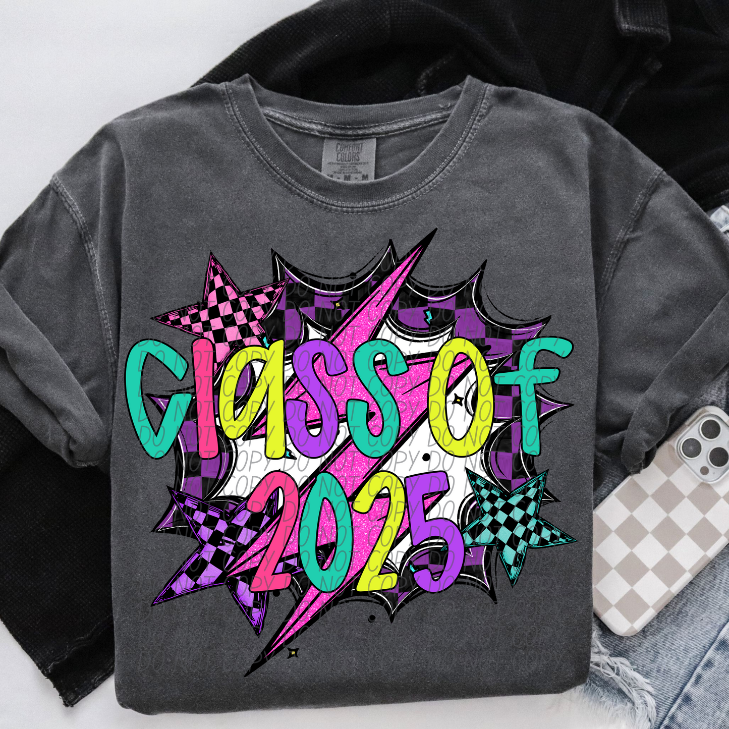 Class of 2025 Checkered Bow Coquette Colorful Writing SHIRT