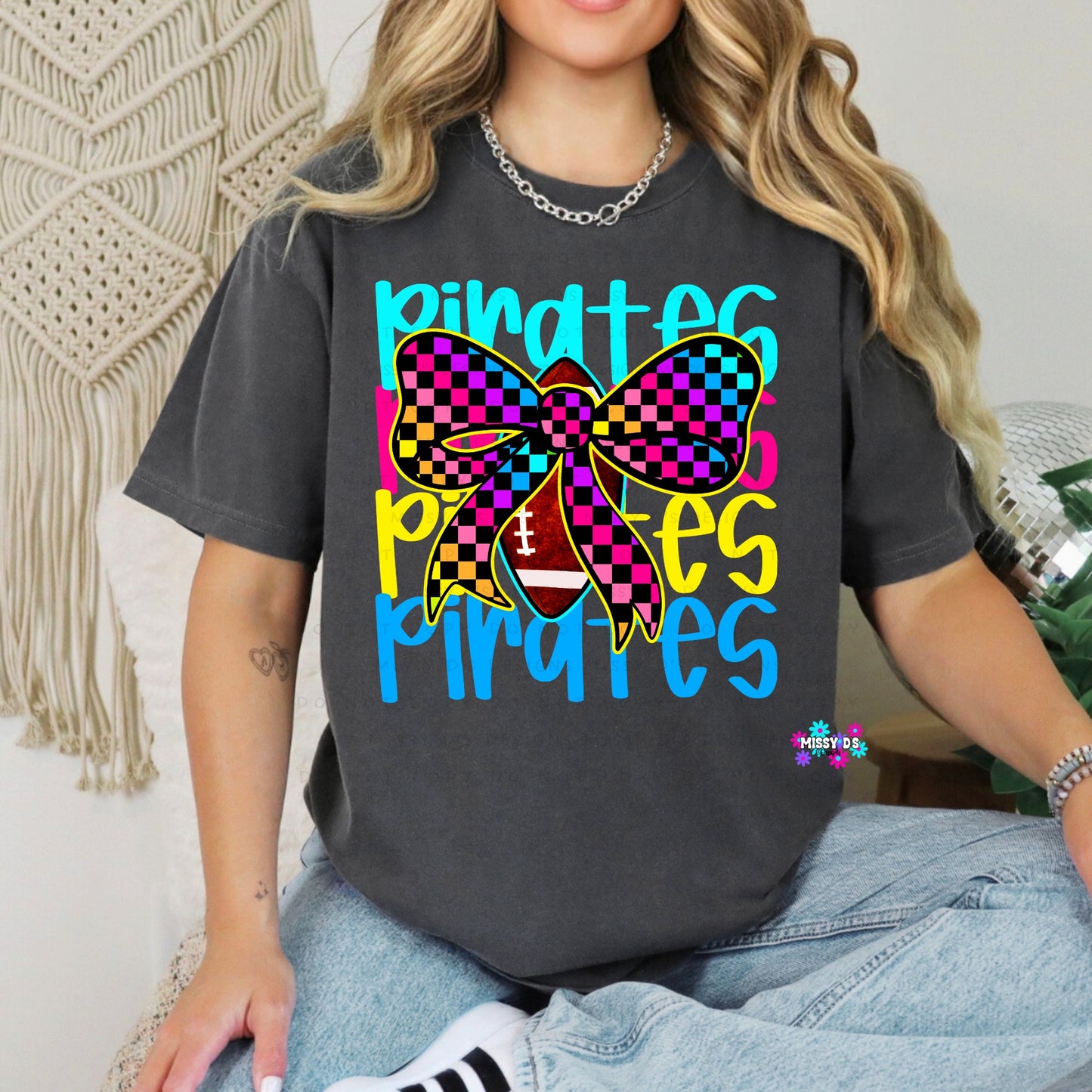 Colorful Pirates Stacked Football Checkered Bow Crewneck Sweatshirt