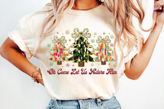 Oh Come Let us Adore Him Brushstrokes Christmas Trees SHIRT
