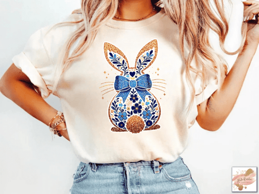 Blue & Gold Floral Easter Bunny Gold Tail SHIRT