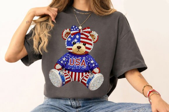 Patriotic USA Teddy Bear Bling Long Sleeve