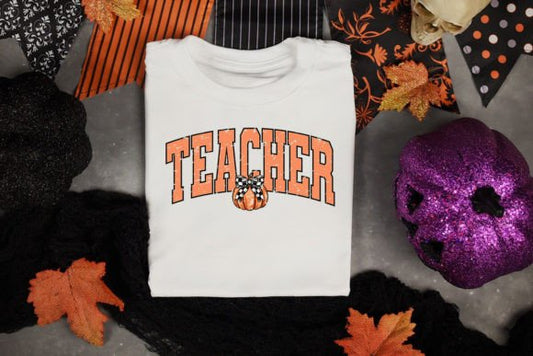 Orange Teacher Pumpkin Coquette Halloween SHIRT 1066
