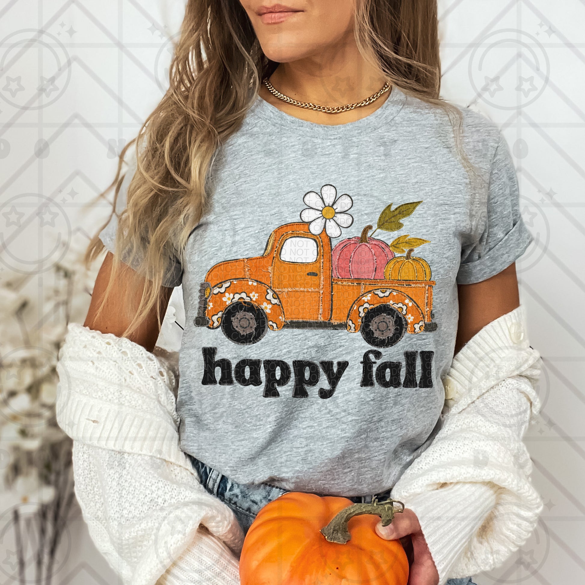Happy Fall Faux Embroidery Truck Crewneck Sweatshirt