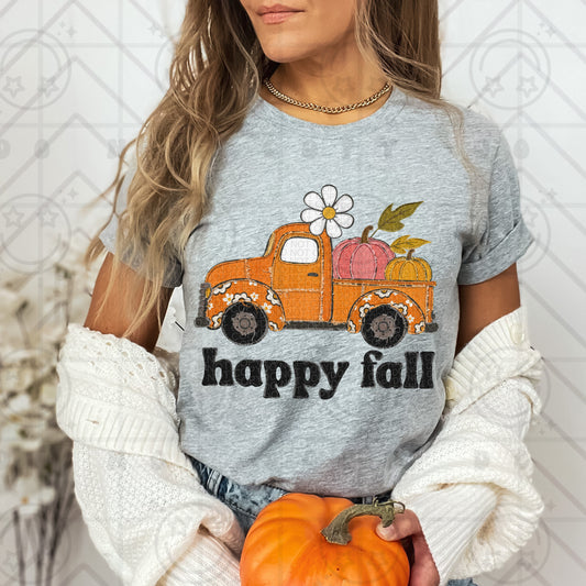 Happy Fall Faux Embroidery Truck Crewneck Sweatshirt