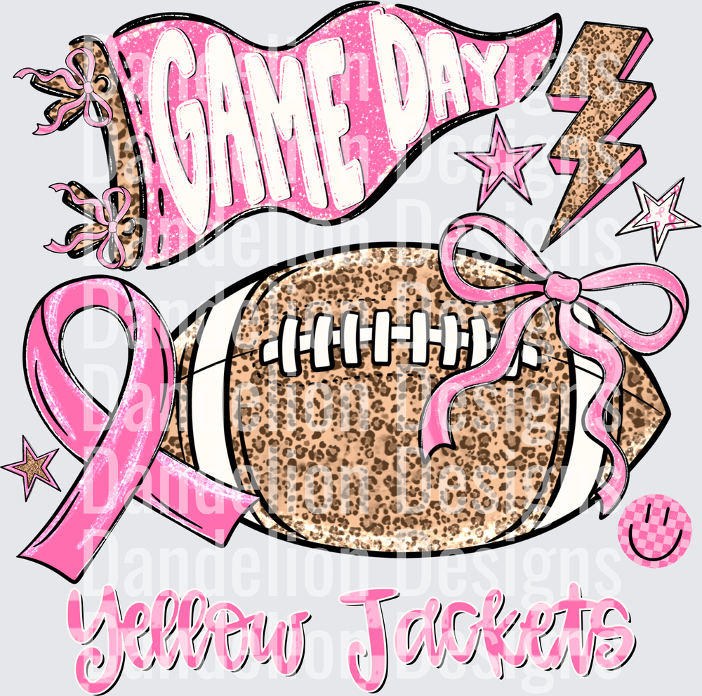 Game Day Yellow Jackets Pink Leopard Football Ribbon Bow