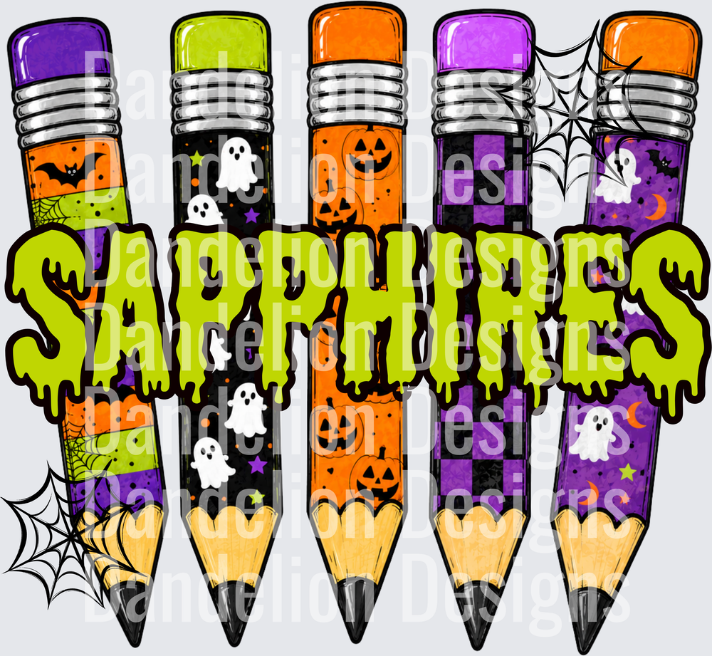 Sapphires Halloween Pencils Ghosts Pumpkins Drip Design