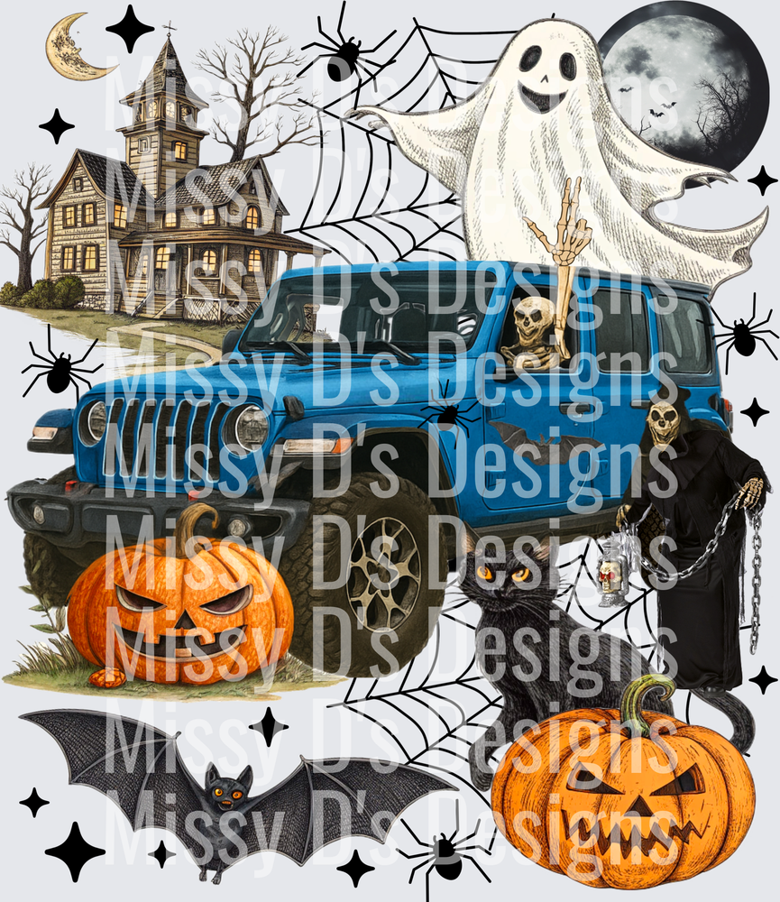 Halloween Blue Jeep Wrangler Skeleton Ghost Grim Reaper Scene