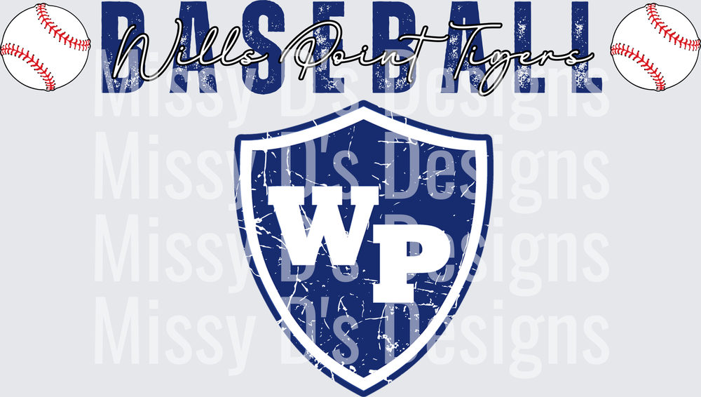 Wills Point Tigers Baseball WP Shield Distressed Design