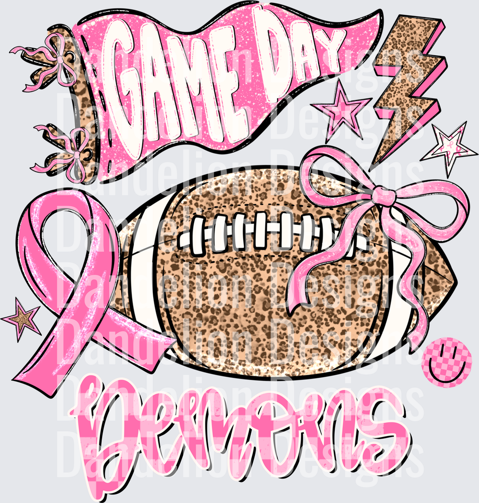 Game Day Demons Leopard Football Pink Ribbon Breast Cancer