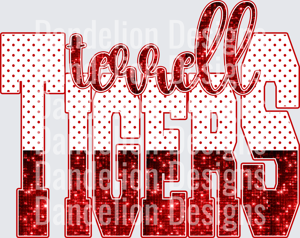 Terrell Tigers Red Glitter Polka Dot Bold Letter Design