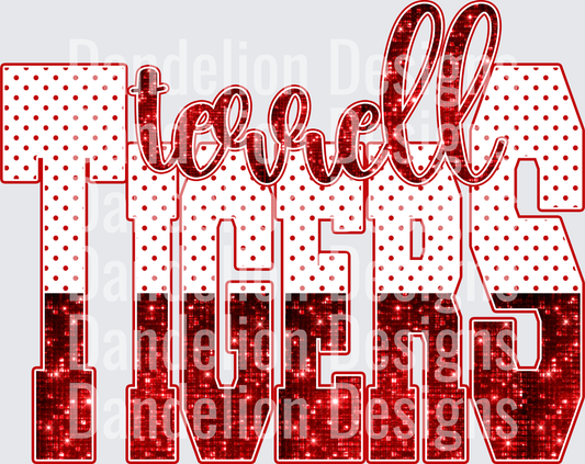 Terrell Tigers Red Glitter Polka Dot Bold Letter Design