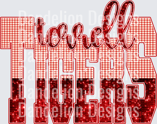Terrell Tigers Red Gingham Glitter Sequin Bold Lettering
