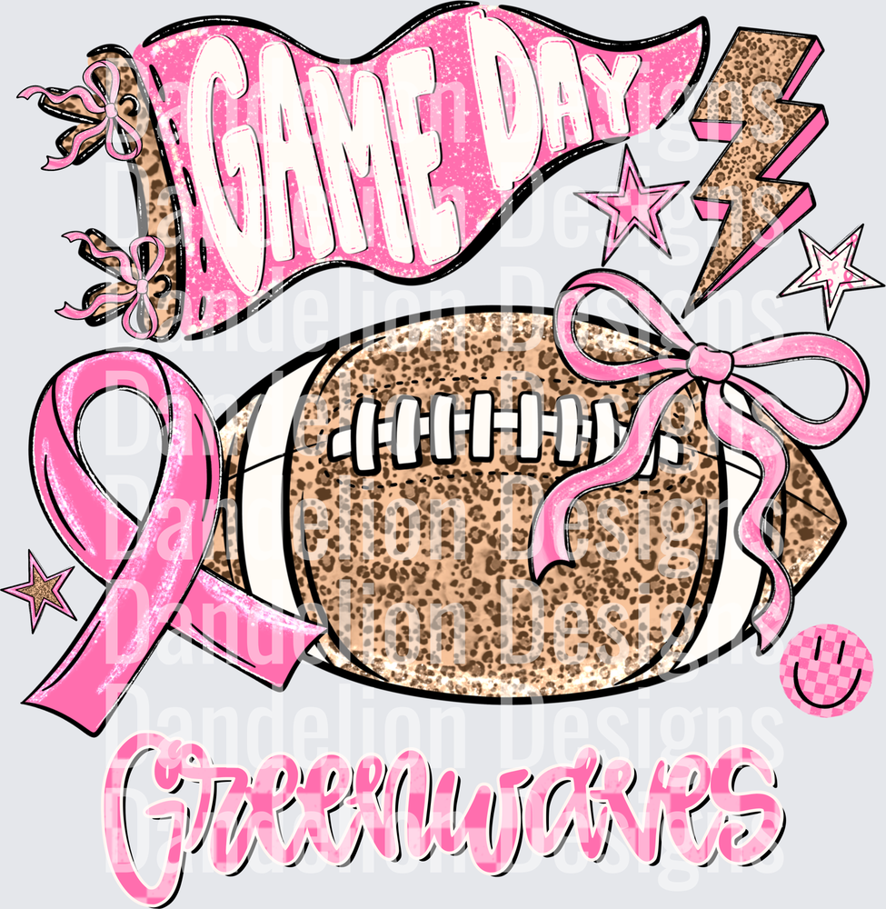 Game Day Greenwaves Pink Leopard Football Breast Cancer Ribbon