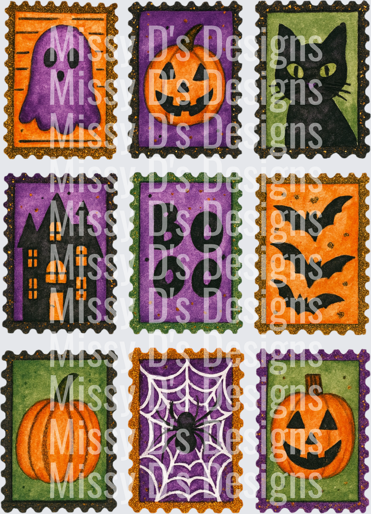 Halloween Postage Stamp Collection Ghost Bat Pumpkin Cat