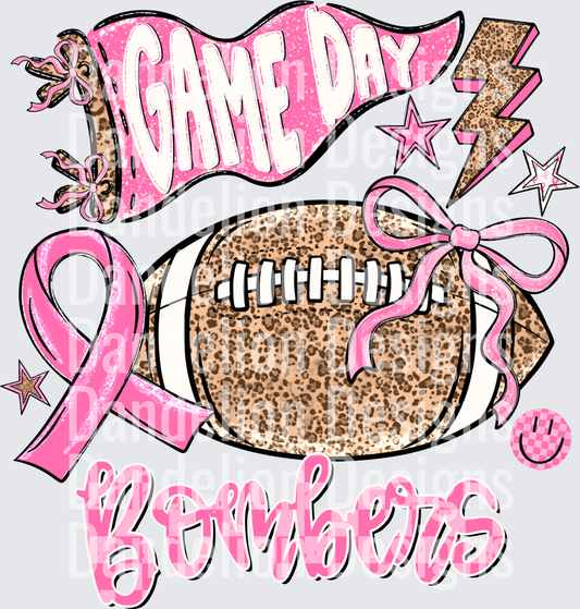 Game Day Bombers Leopard Football Pink Breast Cancer Ribbon