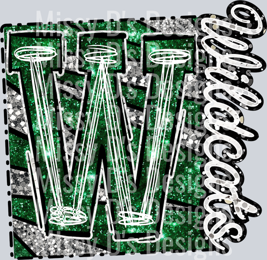 Wildcats faux glitter W green