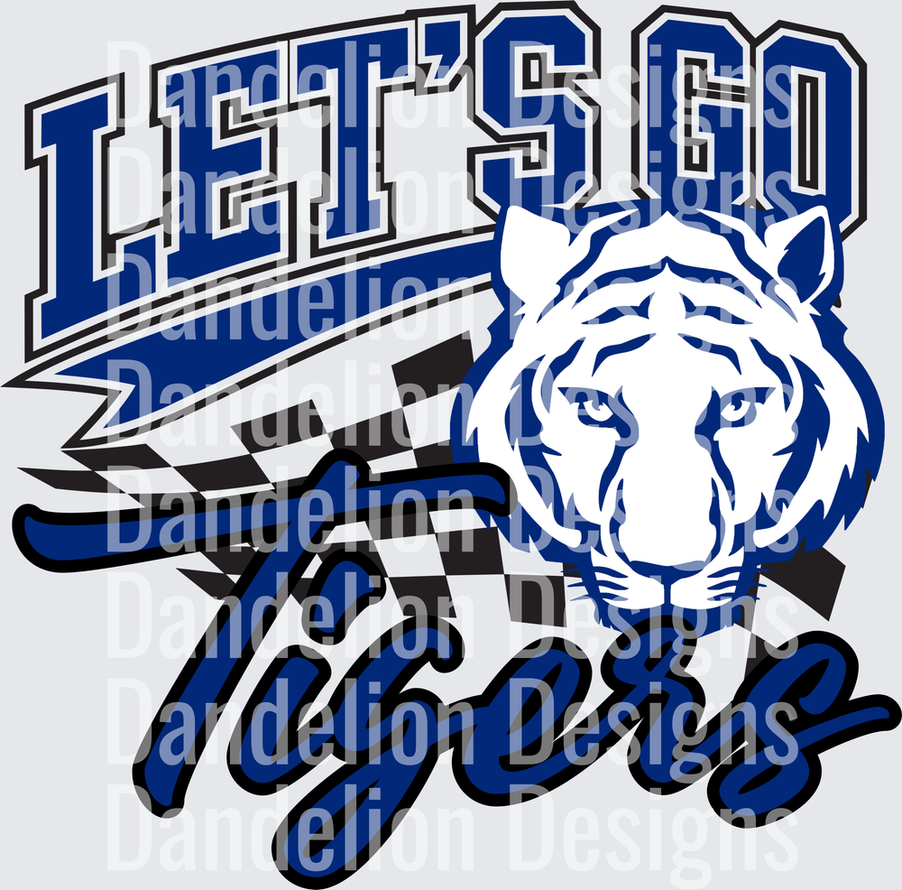 Let's Go Tigers Blue White Tiger Face Checkered Flag Spirit