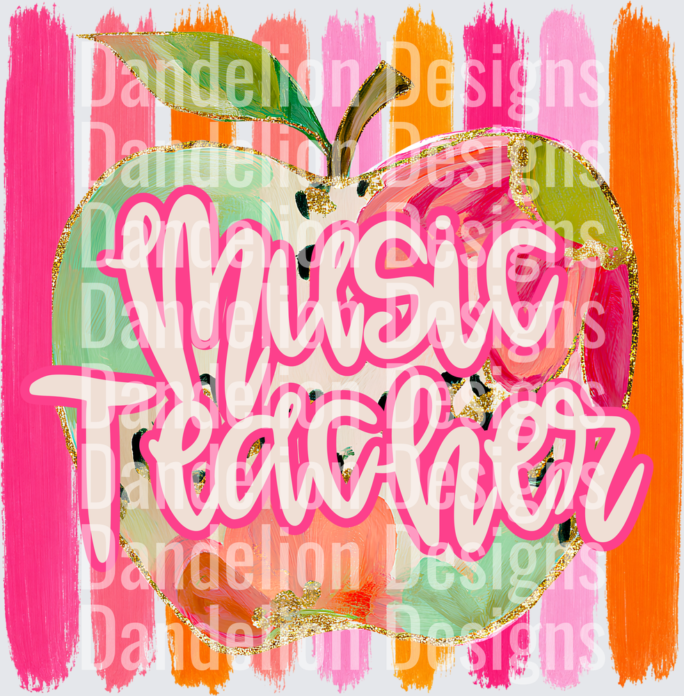Music Teacher Painted Apple Gold Glitter Pink Orange Stripes